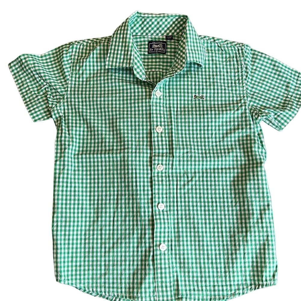 Vintage Boys Gingham Green and White Le Tigre Short Sleeve Button Down - 6